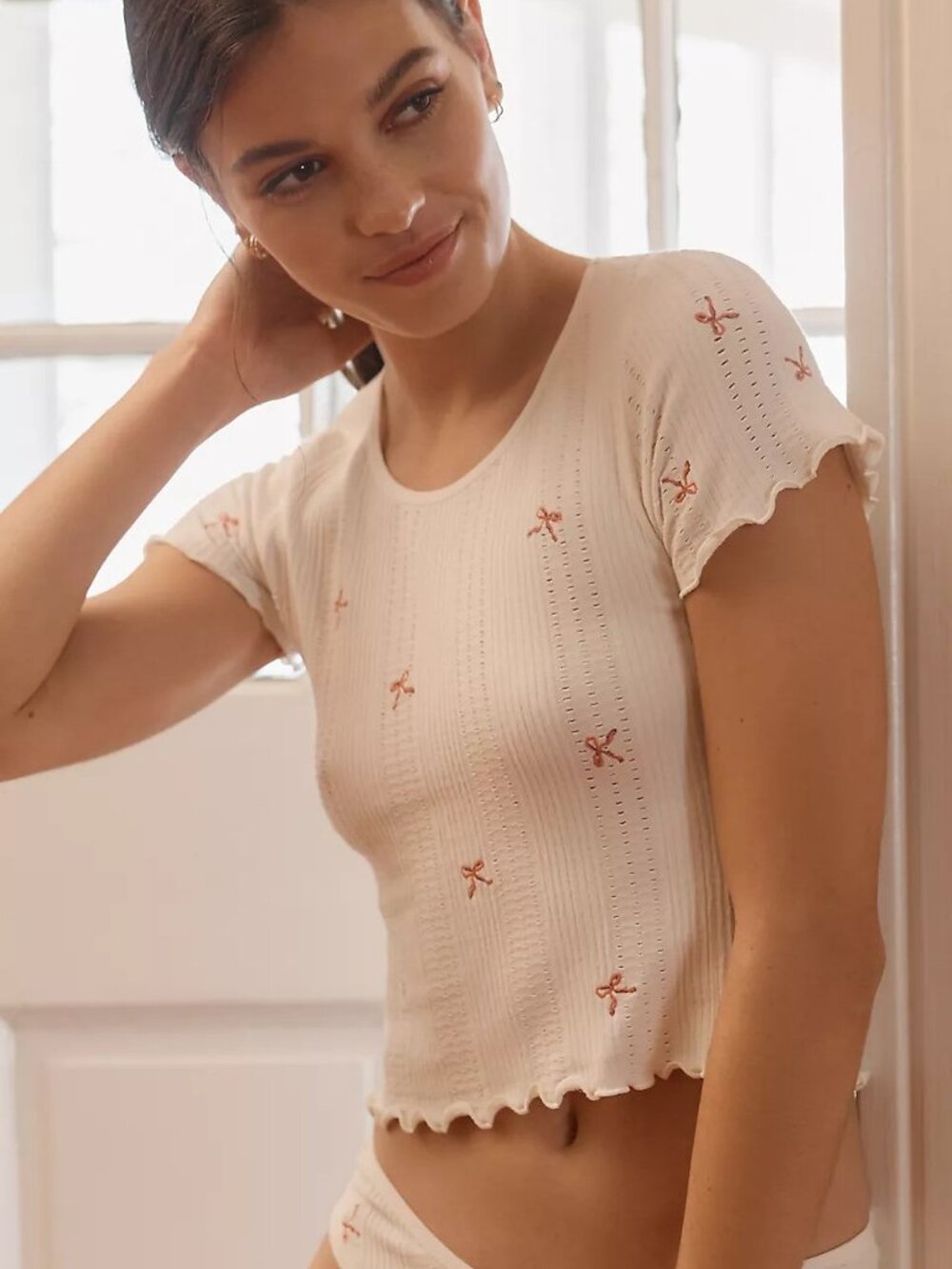 by Anthropologie Seamless Pointelle Babydoll BowTshirt s/m